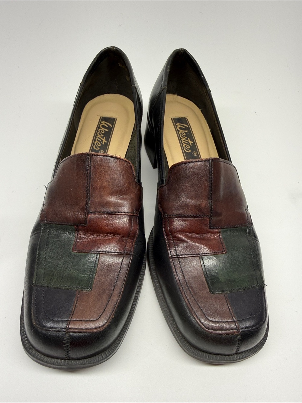 Westies Vintage women’s Patchwork Leather Loafers in Brown, Black, and Green